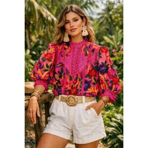 FARM Rio Pink Sweet Forest Long Sleeve Shirt Tropical Blouse XS Vacation Top